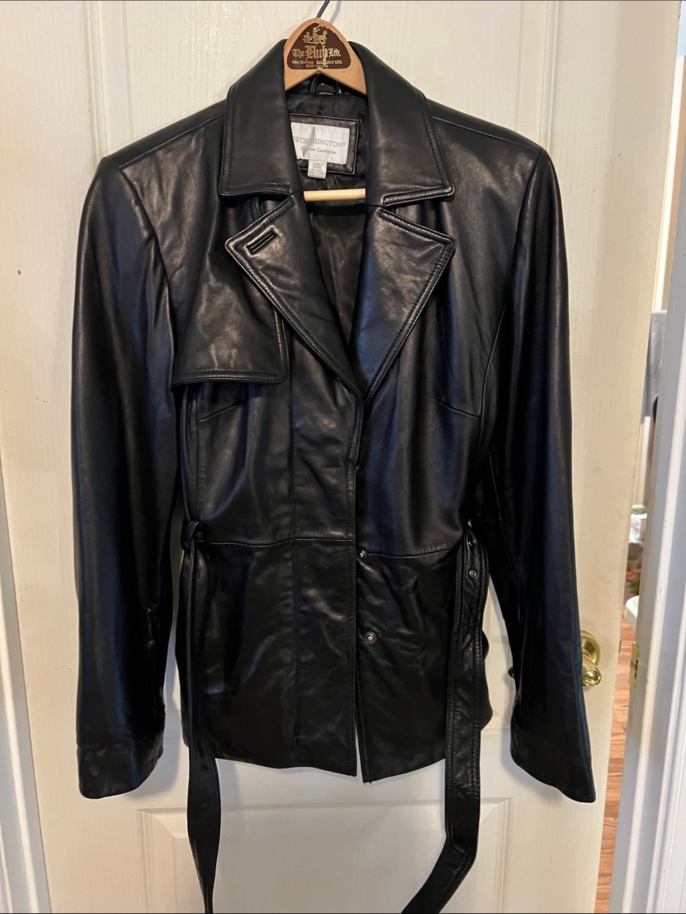 Worthington Women's Black Leather Belted Jacket lambskin soft large